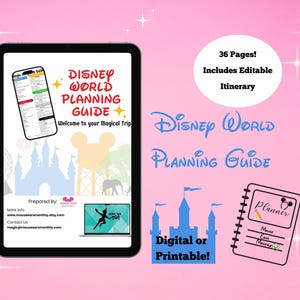 Könnte beinhalten: Ein rosa digitales oder druckbares Disney World Planning Guide. Der Guide enthält 36 Seiten und eine editierbare Reiseroute. Das Cover zeigt ein Tablet mit einer Planungs-Checkliste, einem Schloss und einem Notizbuch mit der Aufschrift "Planner."