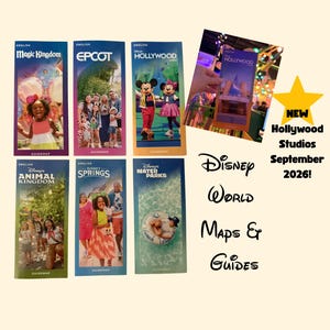 May include: A collection of six Disney World guidemaps featuring Magic Kingdom, Epcot, Hollywood Studios, Animal Kingdom, Disney Springs, and Water Parks. Includes a small photo of a Hollywood Studios map and text stating New Hollywood Studios September 2026!