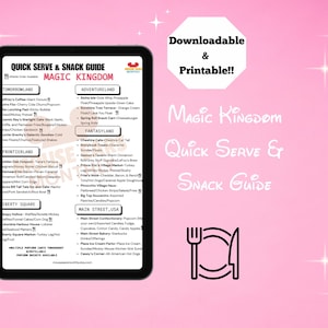May include: A digital quick serve and snack guide for Magic Kingdom, displayed on a tablet. The guide lists various food and beverage options available in different areas of the park, such as Tomorrowland and Adventureland. The background is pink.