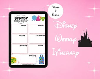 Editable Disney Travel Itinerary, Weekly Theme Park Planner, Printable Template|Magic Kingdom, Epcot, Hollywood Studios, Animal Kingdom