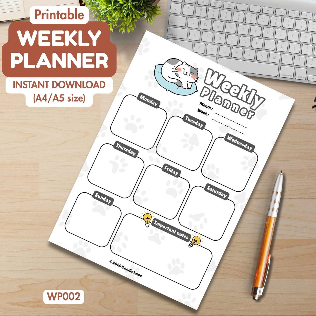 Weekly Planner Printable - PDF - Digital Download for A4 A5 Size - Cute ...