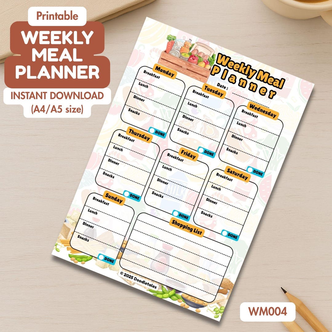 Weekly Meal Planner Printable - PDF - Digital Download for A4 A5 Size ...