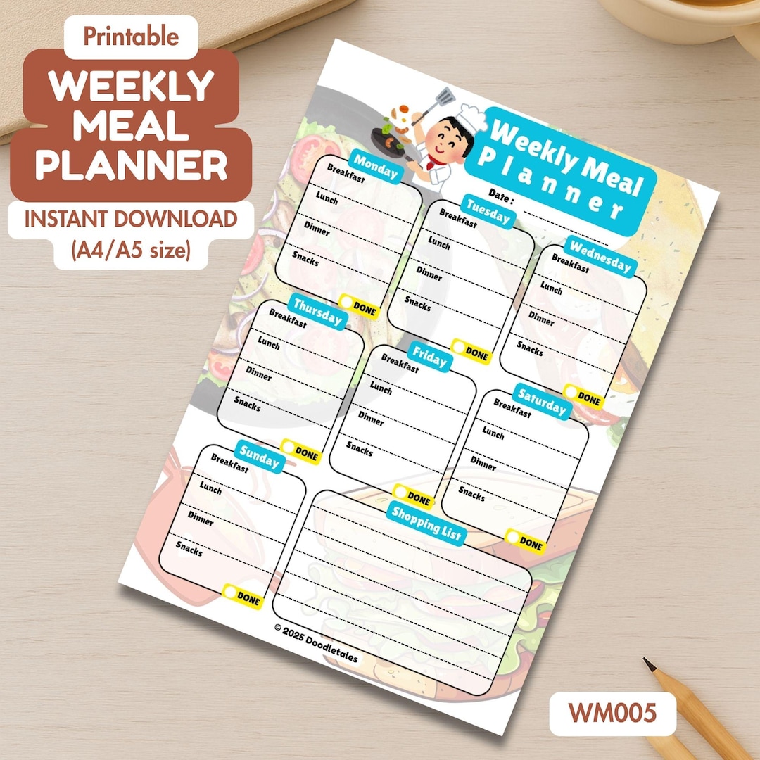 Weekly Meal Planner Printable - PDF - Digital Download for A4 A5 Size ...