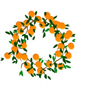 Könnte beinhalten: Ein Kranz aus orangenen Früchten und grünen Blättern. Der Kranz ist rund und hat einen weißen Hintergrund.