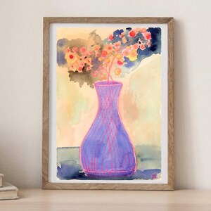 Póster de arte de pared colorido con diseño de ramo de jarrón, acuarela, descarga digital, neón, rosa y azul