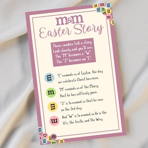 May include: A pink card with the text "m&m Easter Story" and an explanation of how the letters in the word "m&m" relate to the Easter story. The card features colorful "m&m" candies.