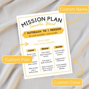 May include: A white and yellow mission plan with the text "MISSION PLAN" and "1 OUTREACH TO 1 PERSON." The plan includes sections for Love, Share, and Invite, with suggestions for outreach. The design includes customizable elements.