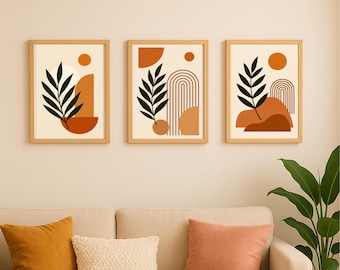 Set of 3 Bohemian Terracotta Posters, Foliage and Abstract Shapes A3 A4