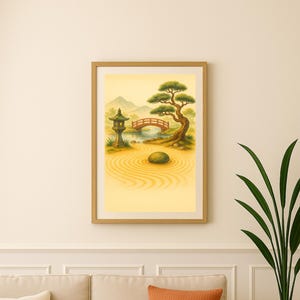 Póster de Jardín Zen: Puente, Farol y Árbol (Descarga en A3 y A4)