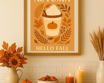 Hello Fall Poster – Pumpkin Latte & Autumn Leaves (A3/A4 Download)