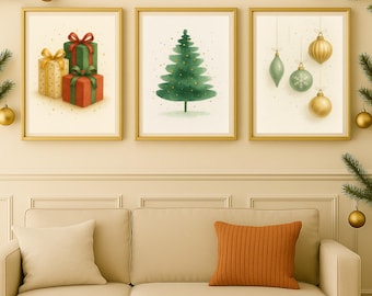 Set of 3 Christmas Posters, Gifts, Tree and Baubles, Printable Decoration A3 A4