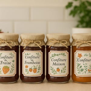 May include: Four glass jars with brown lids and twine tied around the tops. Each jar has a label with a different fruit design and the text "Confiture de" followed by the name of the fruit in French. The jars are arranged in a row on a white surface.