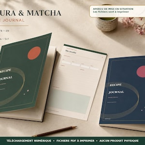 Carnet de recettes à imprimer français anglais, meal planner 32 pages, recipe journal matcha sakura, formats PDF