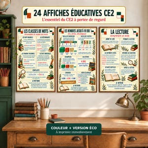 May include: Three educational posters titled 24 AFFICHES ÉDUCATIVES CE2, LES CLASSES DE MOTS, LES NOMBRES JUSQU'À 10 000, and LA LECTURE. The posters feature text, diagrams, and illustrations of books, numbers, and tools on a light background.