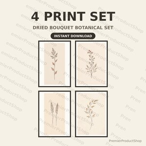 Könnte beinhalten: Ein Set aus vier rechteckigen Wandkunstdrucken mit minimalistischen Strichzeichnungen getrockneter Blumensträuße. Jeder Druck zeigt ein anderes Pflanzenspezimen in gedeckten Brauntönen auf einem hellbeigen Hintergrund.
