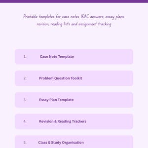 May include: A digital study planner bundle for law students. The design features a purple header with the text "Law Student Study Planner Bundle". Below are templates for case notes, essay plans, and assignment tracking. The background is light purple.