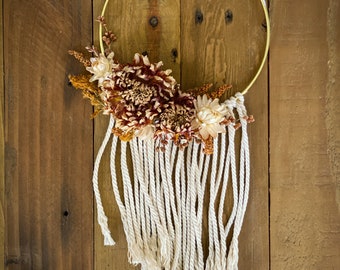Dried Floral Wreath, Boho Wall Decor, Macrame Hoop 6" Diameter, Small