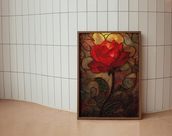 Stained Glass Rose Print: Art Nouveau Style Floral Wall Art (Digital Download)