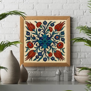 Traditional Turkish Floral Tile Art Printable – Iznik Tile-Inspired Wall Decor (Digital Download)