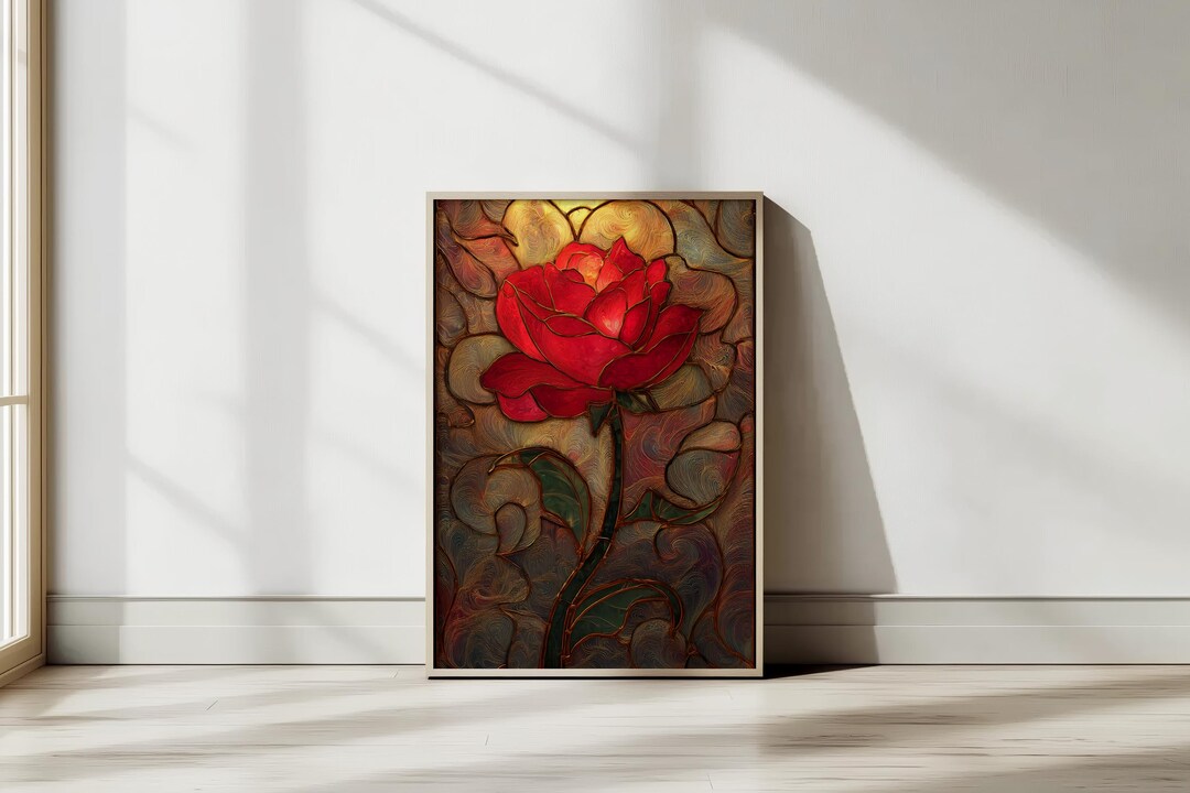 Printable Stained Glass Rose Wall Art – Red Flower With Swirling Art ...