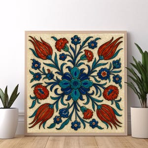 Traditional Turkish Floral Tile Art Printable – Iznik Tile-Inspired Wall Decor (Digital Download)