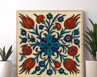 May include: A square ceramic tile with a traditional Turkish floral design. The tile features a central blue and turquoise flower surrounded by red and orange tulips and smaller blue flowers. The background is a cream color.