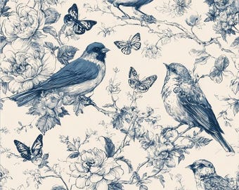 Blue twar vintage floral printed fabric | 19"x55" cotton  french pattern Sewing Crafting