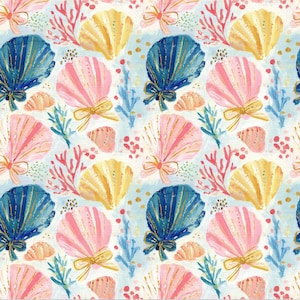 Tecido Costeiro com Conchas, Tecido Coquette Beach, Tecido Aquarela com Conchas e Corais, Tecido Oceano de Verão, 100% Algodão, Vendido por Meio Metro.