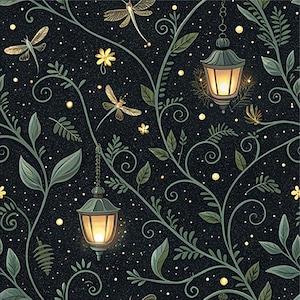 May include: A seamless pattern featuring a dark black background with glowing yellow specks. The design includes green swirling vines, small yellow flowers, dragonflies with gold wings, and hanging lanterns that emit a warm, soft light.