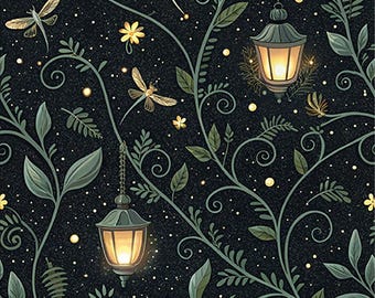 Magical night garden printed fabric | 19"x55" cotton vine pattern Sewing Crafting