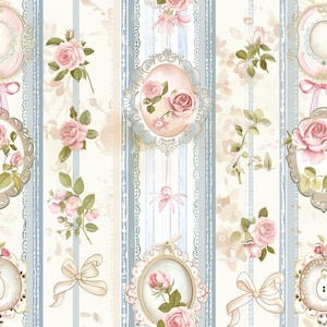 May include: Wallpaper featuring a repeating pattern of pink roses, ornate oval frames, and cream-colored ribbons set against vertical stripes in shades of light blue, white, and beige. The design includes detailed floral illustrations.