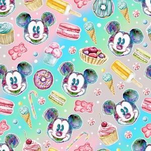 Musse Pigg-tyg Disney sötsaker och efterrättstyg Akvarell Musse Pigg- och makrontyg Tecknat tyg 100 % bomullstyg, halvmeter