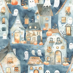 Peut inclure: Un motif répétitif présentant des illustrations à l'aquarelle de maisons dans des tons de bleu et de crème, parsemées de fantômes blancs et de citrouilles orange. La scène représente un quartier avec divers styles architecturaux, fenêtres et portes.
