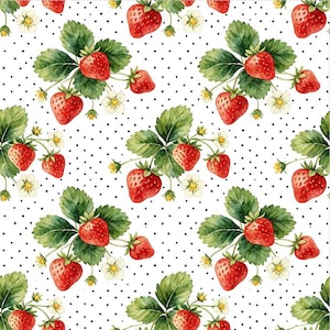 May include: A repeating pattern on a white background featuring watercolor illustrations of red strawberries, green leaves, and small white flowers. The design is accented with evenly spaced black polka dots throughout the entire composition.