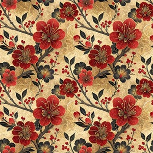 Peut inclure: Un motif répétitif composé de fleurs rouges éclatantes à cinq pétales avec des cœurs dorés, des branches brun foncé et de petites baies rouges sur un fond beige texturé, agrémenté de contours dorés en forme de feuilles et de feuilles sombres.