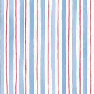 Op de afbeelding: Een herhalend patroon met verticale strepen in afwisselende kleuren van lichtblauw, wit en dunne rode lijnen. De lichtblauwe strepen hebben een zachte, aquarelachtige textuur, terwijl de rode lijnen eruitzien als fijne, handgetekende streken.