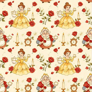Può includere: Un motivo ripetitivo su sfondo crema raffigurante una donna in abito da ballo giallo che tiene una tazzina, una donna con grembiule rosso che tiene una rosa, rose rosse, candele accese, teiere e orologi rotondi con cornice dorata.