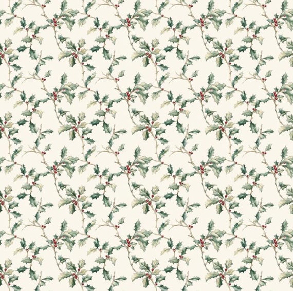 Holly Christmas Fabric Holly Leaves Berries Fabric 100% Cotton Fabric By The 1/2 Yard