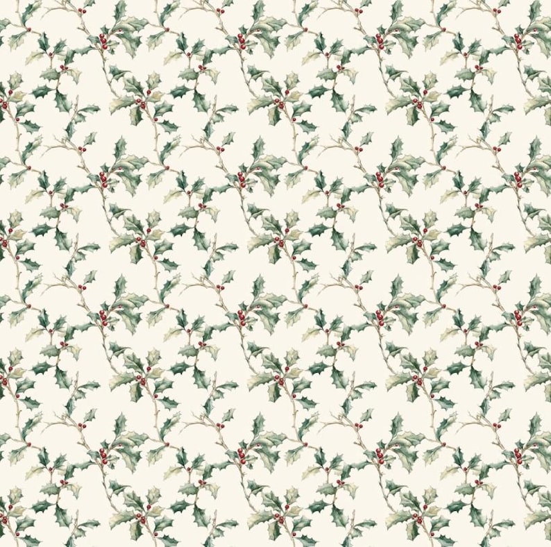 May include: A seamless pattern of green holly leaves and red berries on a white background.