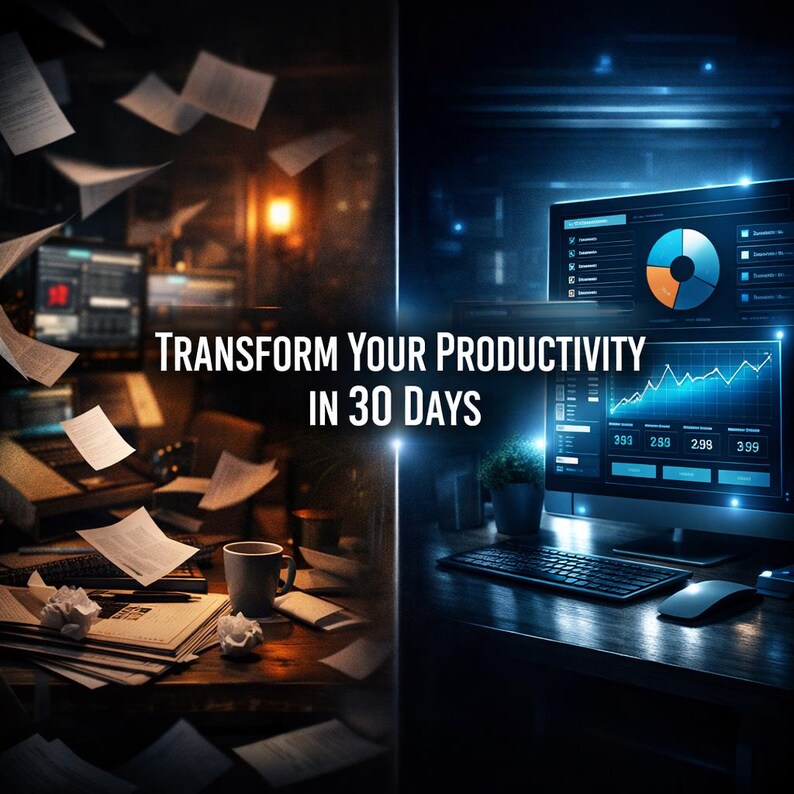 May include: A split image showing a cluttered desk with papers and a mug on the left, and a modern desk with a computer displaying charts on the right. The text "TRANSFORM YOUR PRODUCTIVITY IN 30 DAYS" is overlaid on the image.