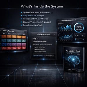 May include: An image showcasing a digital AI system with a 30-day roadmap, daily execution prompts, and interactive dashboards. The system includes a bilingual version and bonus productivity tools. A book titled "AI Mastery Guide" is also featured.