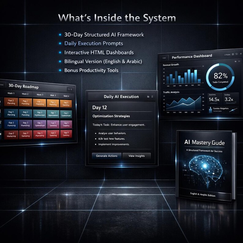 May include: An image showcasing a digital AI system with a 30-day roadmap, daily execution prompts, and interactive dashboards. The system includes a bilingual version and bonus productivity tools. A book titled "AI Mastery Guide" is also featured.