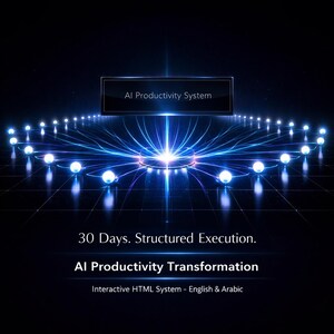 May include: A digital graphic with the text "AI Productivity System" at the top. Below, the text reads "30 Days. Structured Execution." and "AI Productivity Transformation." The image features a network of glowing blue lines and orbs against a dark background.