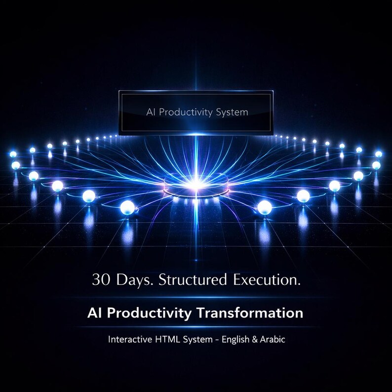 May include: A digital graphic with the text "AI Productivity System" at the top. Below, the text reads "30 Days. Structured Execution." and "AI Productivity Transformation." The image features a network of glowing blue lines and orbs against a dark background.