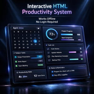 May include: A digital interface displaying an interactive HTML productivity system. The screen shows a calendar for April 2024, task lists, and productivity stats. The interface is dark with blue and white text, and the text reads "Works Offline, No Login Required."