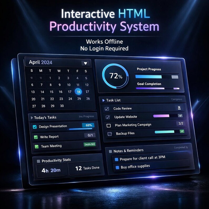 May include: A digital interface displaying an interactive HTML productivity system. The screen shows a calendar for April 2024, task lists, and productivity stats. The interface is dark with blue and white text, and the text reads "Works Offline, No Login Required."