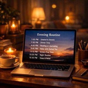 Peut inclure: Un ordinateur portable affiche une "Routine du soir" avec une image de coucher de soleil. Une tasse de thé, une bougie et un carnet avec un stylo sont posés sur une table en bois. L'écran liste des activités comme "Se détendre et s'étirer" et "Dormir et se détendre".