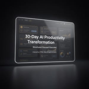 May include: A digital tablet displaying a dark-themed user interface with the text "30-Day AI Productivity Transformation." The screen shows various app icons and data visualizations. The text "Structured. Focused. Executed." is also visible.