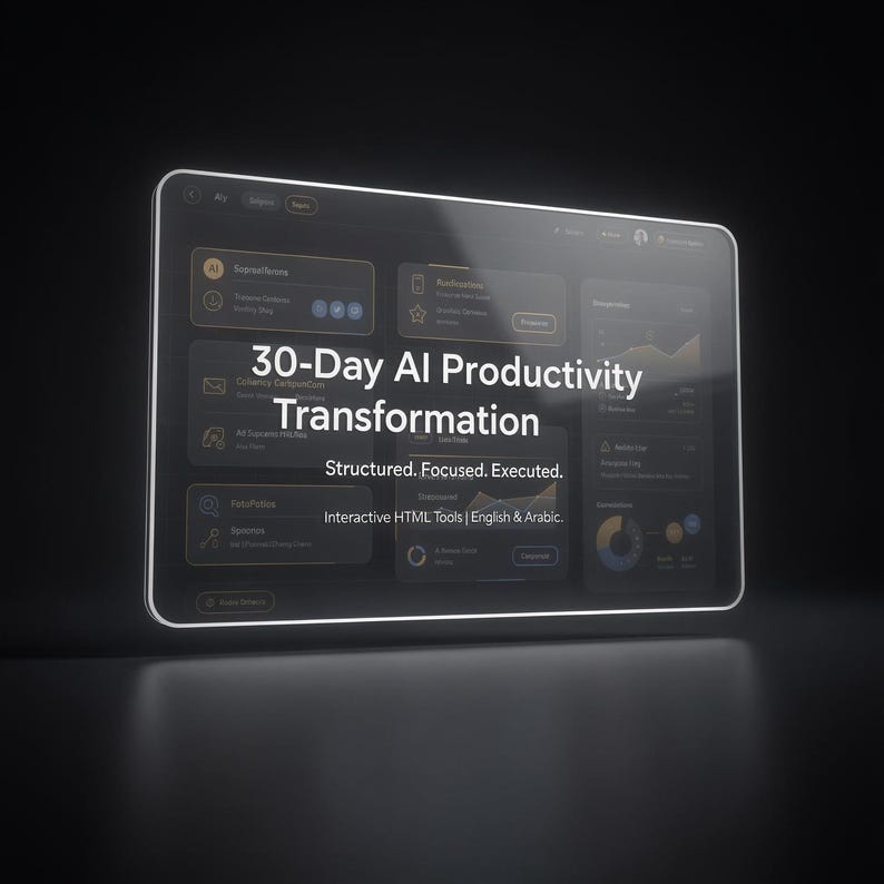 May include: A digital tablet displaying a dark-themed user interface with the text "30-Day AI Productivity Transformation." The screen shows various app icons and data visualizations. The text "Structured. Focused. Executed." is also visible.