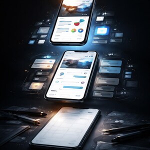 Peut inclure: Trois smartphones affichant des visualisations de données et des conceptions d'interface. Le téléphone du haut montre un diagramme circulaire et d'autres graphiques. Le téléphone du milieu affiche une liste avec des accents bleus. Le téléphone du bas montre une grille vide. Des stylos et des papiers sont éparpillés autour des téléphones.